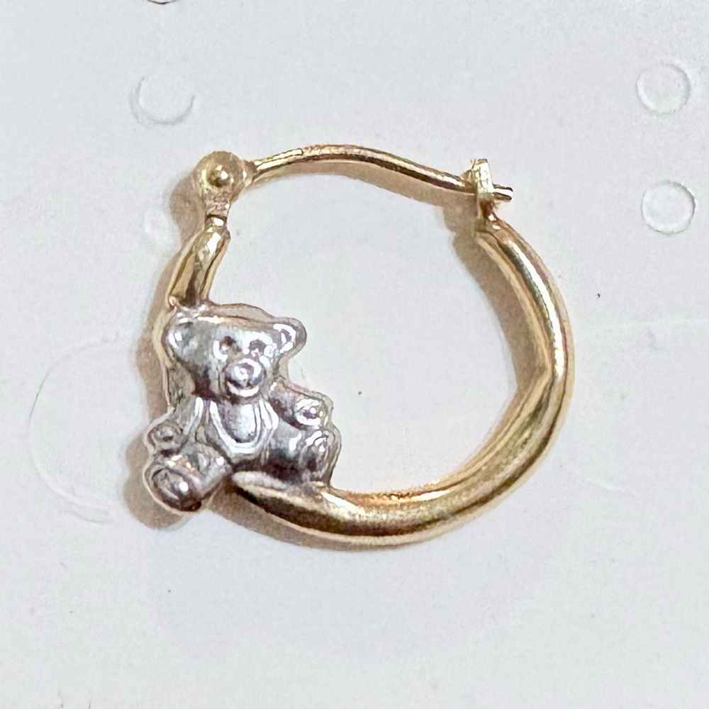 Single 14k gold earring, gold hoop white gold teddy bear